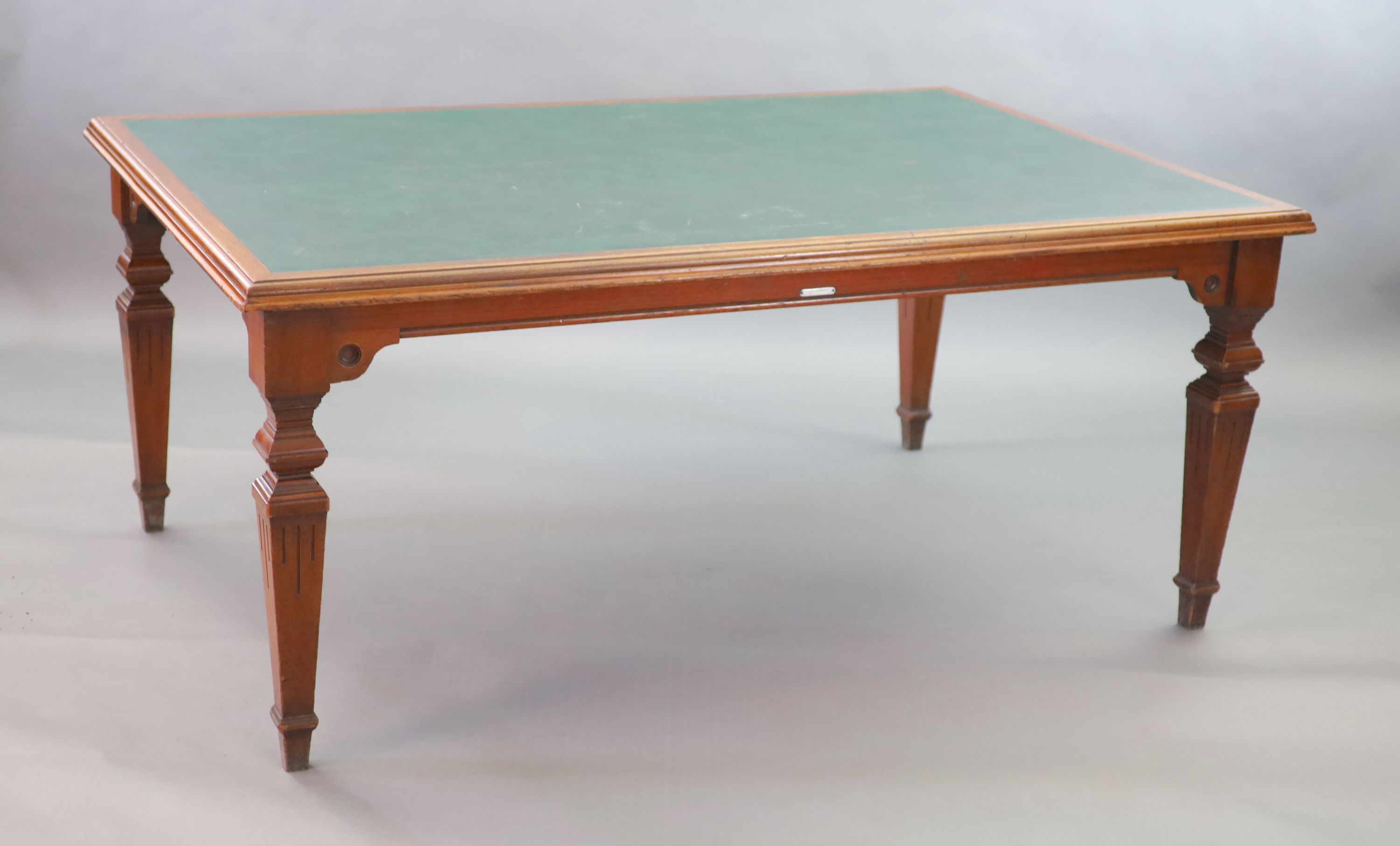 A Victorian mahogany library table, supplied by Sage & Co. Shopfitters of London, W.183cm D.122cm H.79cm